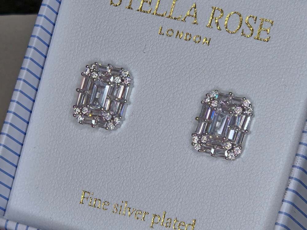 Stella Rose London Fine Silver Plated Baguette & Round Cut Cluster Stud Earrings